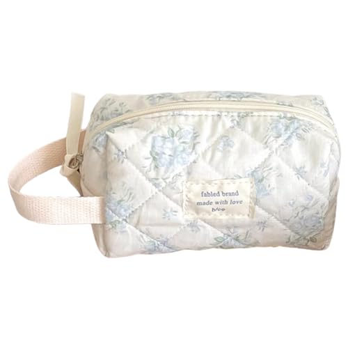 AZURAOKEY Make-up-Tasche mit großem Fassungsvermögen, floral gesteppt, kariert, tragbare Kosmetik-Aufbewahrungstasche for Damen, großer Reise-Organizer, Leichter Reise-Make-up-Kosmetikkoffer von AZURAOKEY