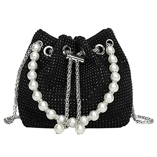 AZURAOKEY Strass Schultertasche Damen Abend Clutch Perle Kordelzug Geldbörse Handtasche, Schwarz von AZURAOKEY