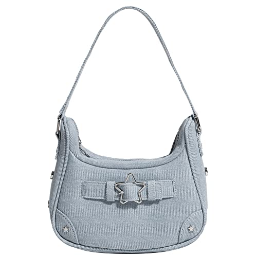 AZURAOKEY Y2K Damen Unterarmtasche Vintage Denim Hobo Bag Y2K Geldbörse Kleine Hobo Handtasche Trendy Denim Star Goth Clutch Bag, Blau von AZURAOKEY