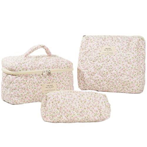 Gesteppte Make-up-Tasche for Damen, Kosmetiktasche, großes Fassungsvermögen, ästhetische Kosmetiktasche mit Clutch-Tasche und Stiftetui, Outdoor-Reisetasche aus Baumwolle von AZURAOKEY