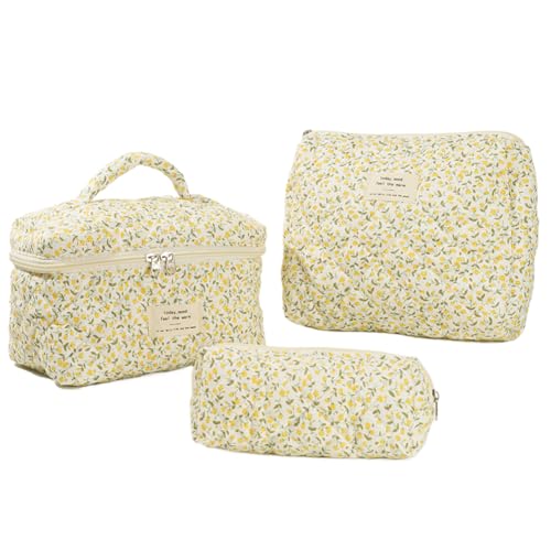 Gesteppte Make-up-Tasche for Damen, ästhetische Kosmetiktasche, großes Fassungsvermögen, Florale Kosmetiktasche mit Clutch-Tasche und Stiftetui, niedliche Kulturtasche aus Baumwolle von AZURAOKEY
