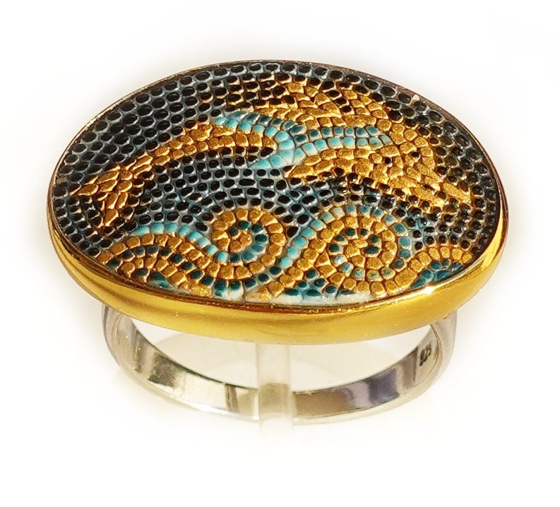 Delfin Mikromosaik Ring Aus Massivem Silber 925 Double Vergoldet 24K | Basis Massives Doppel Rhodiniert von AZUREbyKYPARISSOS
