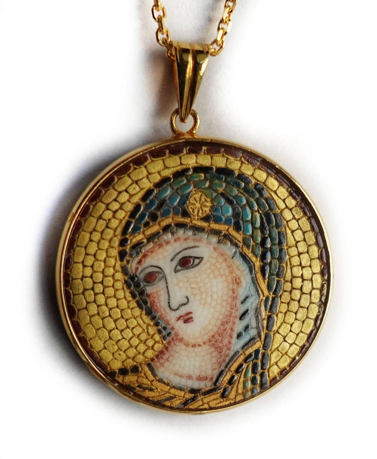 Mutter Maria | Panagia Mikromosaik Anhänger in Massivem 14K Gold von AZUREbyKYPARISSOS