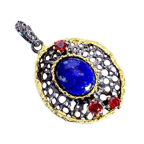 AZURFA Anhänger aus 925er Sterlingsilber mit Lapislazuli und Granat, kräftige Farbkombination in Halskette (39 x 25 x 6 mm, 7,8 g), ideal für künstlerische Frauen, 39, Edelstein Sterling Silber von AZURFA