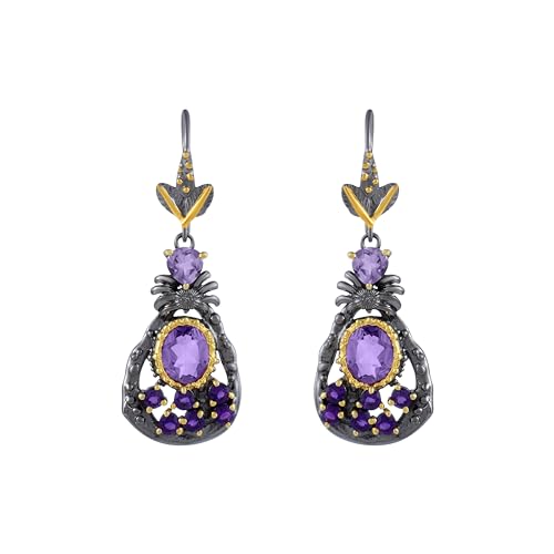 Amethyst Ohrringe – Natürliches lila ovales Herz und runde Edelsteine – 925 Sterlingsilber mit schwarzer Rhodium-Beschichtung – Fischhaken – romantisches Geschenk von AZURFA