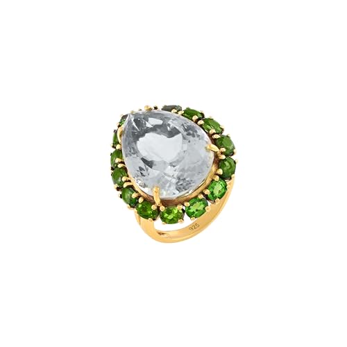 Handgefertigter Schmuck aus 925er-Sterlingsilber, vergoldet, natürlicher grüner Amethyst (21 x 15 mm) und Chromdiopsid (5 x 3 mm, 2,5 mm), facettierte Birne und rund, Krappenfassung, 58(18.5),Q1/2 von AZURFA
