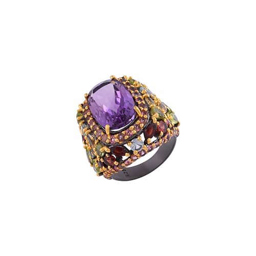 Ring aus 925er-Sterlingsilber, schwarz, rhodiniert, Amethyst, Multi-Saphir-Turmalin, rechteckig, 16 x 11 mm, Marquiseschliff, 6 x 3 mm, Birne, 5 x 3 mm, rund, 1,5 mm, 63(20.1),U1/2, Edelstein von AZURFA
