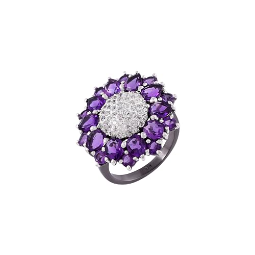 Ring aus 925er Sterlingsilber, schwarz, rhodiniert, Amethyst, weißer Topas, Birne, 6 x 4 mm, rund, 3 mm, 1,2 mm, handgefertigter Schmuck, 23 x 23 x 7 mm, natürliche Edelsteine, SZ 63 (20,1), U 1/2 von AZURFA