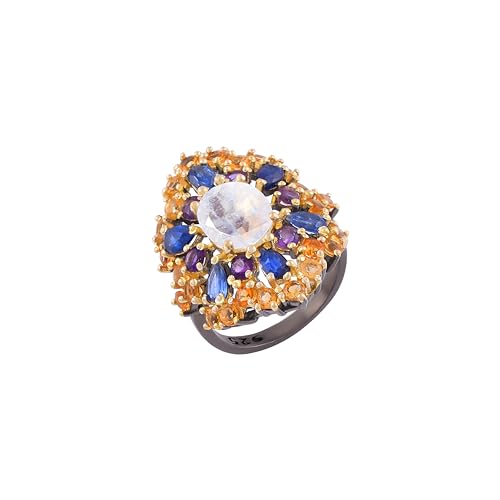 Ring aus 925er-Sterlingsilber, schwarz, rhodiniert, Regenbogen-Mondstein, Kyanit, Citrin, Amethyst, oval, 10 x 8 mm, Birne, 5 x 3 mm, rund, 2,5 mm, 28 x 23 x 5 mm, SZ 65 (20,7), V 1/2 von AZURFA