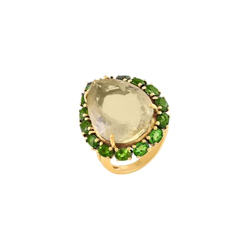 Ring aus 925er-Sterlingsilber, vergoldet, natürlicher Citrin und Chromdiopsid, Birne, 21 x 15 mm, rund, 5 x 3 mm, 2,5 mm, facettiert, gelbgrün, Krappenfassung, 27 x 22 x 8 mm, SZ 61 (19,4), S 1/2 von AZURFA