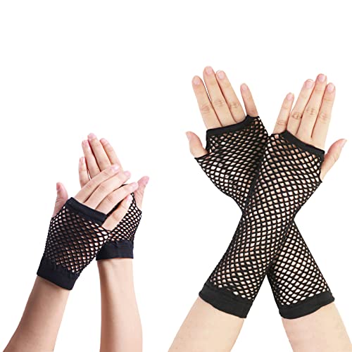 AZWOOD Fischnetz Handschuhe, 2 Paare Lang und Kurz Netz Mesh Handschuhe, Schwarz Fingerlose Netzhandschuhe - Damen Abendhandschuhe ​für Verkleidung Kostüm Party Lieferungen von Azwood