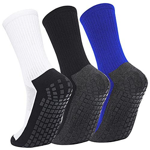 AZZSEE 3Paar Starke Verstärkung, dicker Bodenflor!Fußballsocken,anti-rutsch Athleticsocke Rutschfeste sport Socken für Basketball Wandern Trekking Laufen herren damen Schwarz+Weiß+Blau(size43-50) von AZZSEE