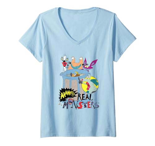 Damen Aaahh!!! Real Monsters Group Trash Can Collage Cartoon T-Shirt mit V-Ausschnitt Damen Aaahh!!! Real Monsters Group Trash Can Collage Cartoon T-Shirt mit V-Ausschnitt von Aaahh!!! Real Monsters