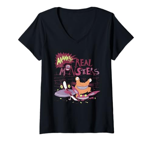 Damen Aaahh!!! Real Monsters Logo with Sewer Monsters Cartoon T-Shirt mit V-Ausschnitt Damen Aaahh!!! Real Monsters Logo with Sewer Monsters Cartoon T-Shirt mit V-Ausschnitt von Aaahh!!! Real Monsters