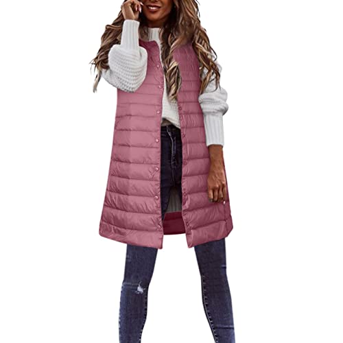 AaaozKjie Daunenweste Damen Lang Damen Steppweste Lässiger Daunenmantel Schlanke Gilet Steppjacke Outdoor Wintermantel Weste mit Taschen Weste Damen Lang Bequeme Longweste Damen (Pink, M) von AaaozKjie