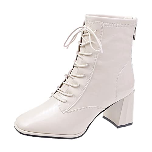 AaaozKjie Stiefeletten Damen Herbst und Winter Mode und bequemer eckiger Zeh Blockabsatz quadratischer Absatz einfarbig geschnürt Boots Damen Winterstiefel Damen (Beige, 38) von AaaozKjie