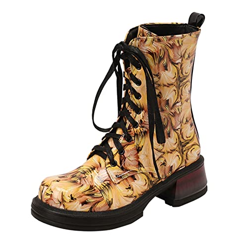 AaaozKjie Stiefeletten Damen Herbst und Winter Modisch Camouflage Cool Sexy Außenhandel Große Bequeme Runde Zehe Quadratische Ferse Stiefel Damen Winterschuhe Damen (Yellow, 42) von AaaozKjie