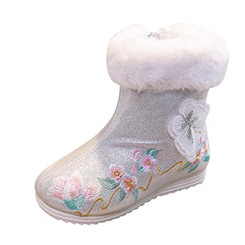 AaaozKjie Winterschuhe Mädchen Warm bestickte warme Baumwollstiefel Bestickte Stiefel Stiefel im nationalen Stil Prinzessinnen-Baumwollstiefel Stiefeletten Mädchen (White, 26 Toddler) von AaaozKjie