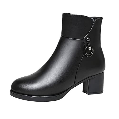 AaaozKjie Winterstiefel Damen Gefüttert Stiefel Damen Heel Mittlerer Absatz Einfarbig Schwarz Seitlicher Reißverschluss Samt Warm Winterschuhe Damen Gefüttert (Black, 38) von AaaozKjie