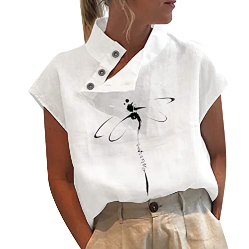 Bluse Damen Sommer Kurzärmelig Oberteile mit Blümchen Print, Stehkragen Mode Tops Shirt Locker Lässige Shirt mit Knöpfen von AaaozKjie