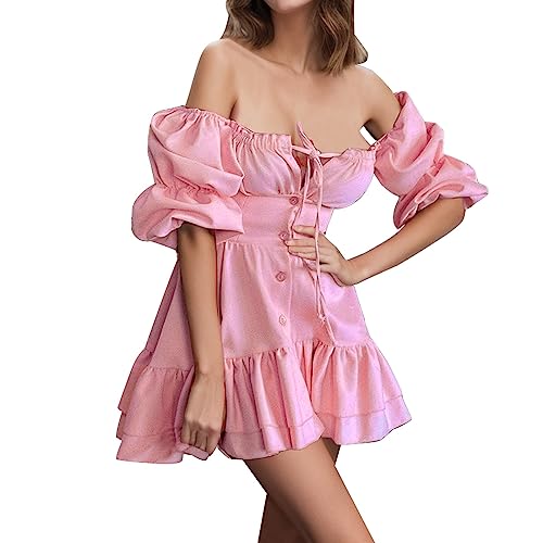 Sommerkleider Damen Mode Einfarbig Casual Minikleid Sexy Schulterfrei Freizeitkleid Plissiert Swing Flowy A-Line von AaaozKjie