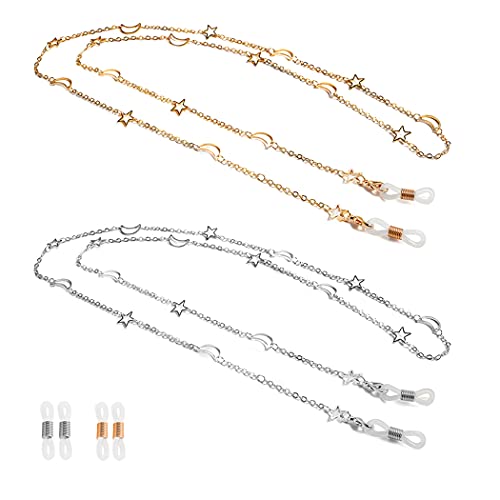 Aabellay 2 Stück Brillenkette Sonnenbrillen Brillen Kette Lesebrillen Brillenbänder Hals Schnur Gläser Band Brille Cords für Damen Geschenk mit Silikon Antirutsch Ringe – Stil Stern und Mond von Aabellay