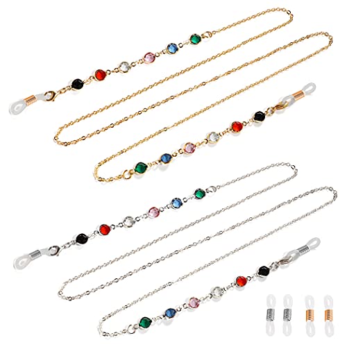 Aabellay 2 Stück Brillenkette Sonnenbrillen Brillen Kette Perlen Lesebrillen Brillenbänder Hals Schnur Gläser Band Brille Cords für Damen Geschenk 8 Stück Silikon Antirutsch Ringe - GL071 von Aabellay