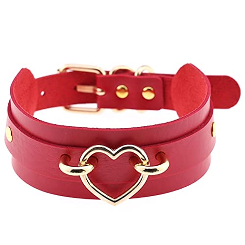 Aabellay Breit Lederhalsband Halskette Herz Form Damen Leder Choker Metall Ring Halsband Gotik Punk Rock Lederband Einstellbar Kragen - Rot mit Gold Herz von Aabellay