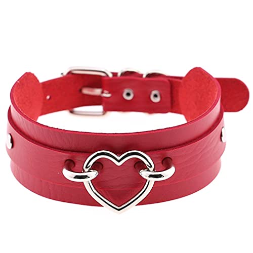 Aabellay Breit Lederhalsband Halskette Herz Form Damen Leder Choker Metall Ring Halsband Gotik Punk Rock Lederband Einstellbar Kragen - Rot mit Silber Herz von Aabellay