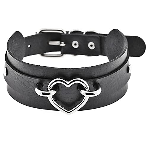 Aabellay Breit Lederhalsband Halskette Herz Form Damen Leder Choker Metall Ring Halsband Gotik Punk Rock Lederband Einstellbar Kragen - Schwarz mit Silber Herz von Aabellay