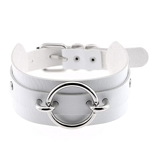 Aabellay Breit Lederhalsband Halskette Kreis Ring Form Damen Leder Choker Metall Ring Halsband Gotik Punk Rock Lederband Einstellbar Kragen - Weiß mit Silber Ring von Aabellay