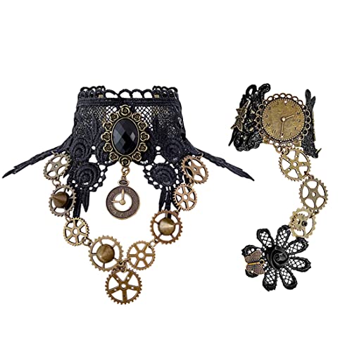 Aabellay Gothic Spitze Choker Halskette Armbänder Damen Schwarz Kette Gotisch Kostüm Fingerlose Handschuhe Retro Victorian Schmuck Collier Vintage Halsband Halloween Spitze Halskette Set - FY005 von Aabellay