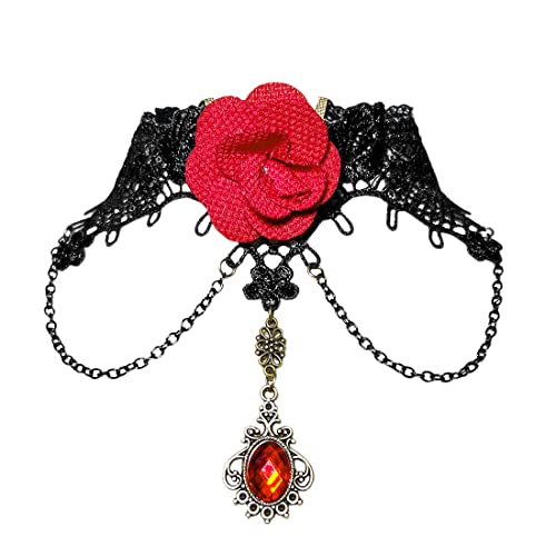 Aabellay Gothic Spitze Choker Halskette Damen Rot Spitze Kette Gotisch Kostüm Accessoires Retro Victorian Schmuck Collier Vintage Choker Lolita Kostüm Zubehör Halloween Spitze Halskette Set -Y048 von Aabellay