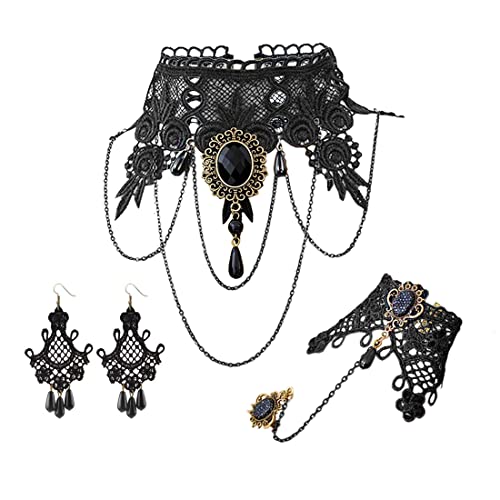 Aabellay Gothic Spitze Choker Halskette Armbänder Ohrringe Damen Schwarz Kette Gotisch Kostüm Fingerlose Handschuhe Retro Victorian Collier Vintage Halsband Halloween Halskette Set- FY016 von Aabellay