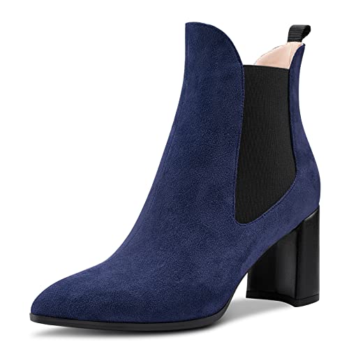 Aachcol Damen Chelsea Stiefeletten Geschlossene Spitze Zehenkappe Slip-on Chunky Blockabsatz Hoher High Absatz Heel Wildleder Marineblau 7.5 CM 45 EU von Aachcol