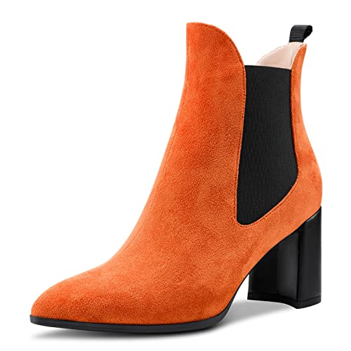 Aachcol Damen Chelsea Stiefeletten Geschlossene Spitze Zehenkappe Slip-on Chunky Blockabsatz Hoher High Absatz Heel Wildleder Orange 7.5 CM 35 EU von Aachcol