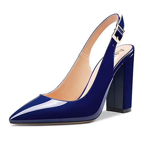 Aachcol Damen Chunky Blockabsatz Hoher High Absatz Heel Pumps Knöchelriemen Slingback Spitze Zehenkappe Dress Schuhe Büroschuhe Party Hochzeit Lackleder Marineblau 10 cm 40 EU von Aachcol