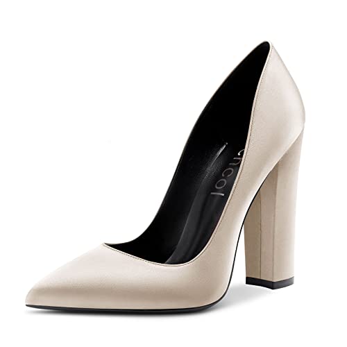 Aachcol Damen Chunky Blockabsatz Hoher High Absatz Heel Pumps Slip-on Spitze Zehenkappe Dress Schuhe Büroschuhe Party Hochzeit Satin Beige 12 cm 38 EU von Aachcol