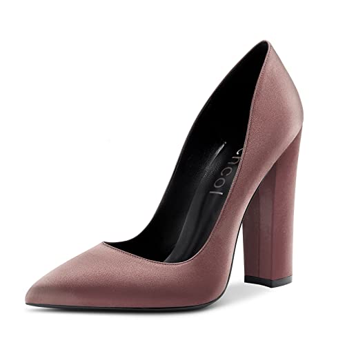 Aachcol Damen Chunky Blockabsatz Hoher High Absatz Heel Pumps Slip-on Spitze Zehenkappe Dress Schuhe Büroschuhe Party Hochzeit Satin Champagner Gold 12 cm 38 EU von Aachcol