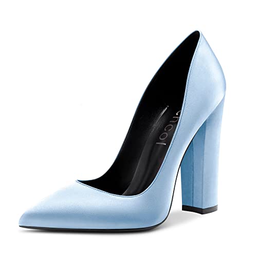 Aachcol Damen Chunky Blockabsatz Hoher High Absatz Heel Pumps Slip-on Spitze Zehenkappe Dress Schuhe Büroschuhe Party Hochzeit Satin Himmelblau 12 cm 45 EU von Aachcol