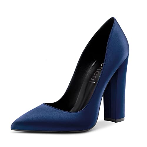 Aachcol Damen Chunky Blockabsatz Hoher High Absatz Heel Pumps Slip-on Spitze Zehenkappe Dress Schuhe Büroschuhe Party Hochzeit Satin Marineblau 12 cm 43 EU von Aachcol
