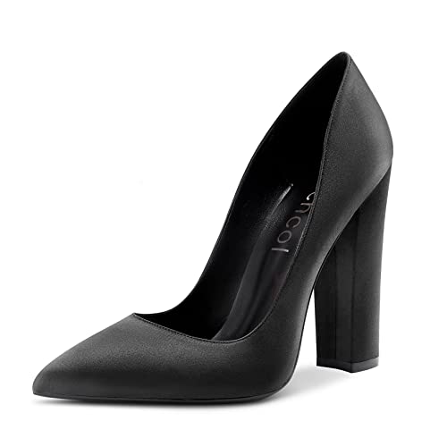 Aachcol Damen Chunky Blockabsatz Hoher High Absatz Heel Pumps Slip-on Spitze Zehenkappe Dress Schuhe Büroschuhe Party Hochzeit Satin Schwarz 12 cm 44 EU von Aachcol