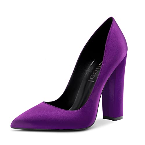 Aachcol Damen Chunky Blockabsatz Hoher High Absatz Heel Pumps Slip-on Spitze Zehenkappe Dress Schuhe Büroschuhe Party Hochzeit Satin Violett 12 cm 37 EU von Aachcol