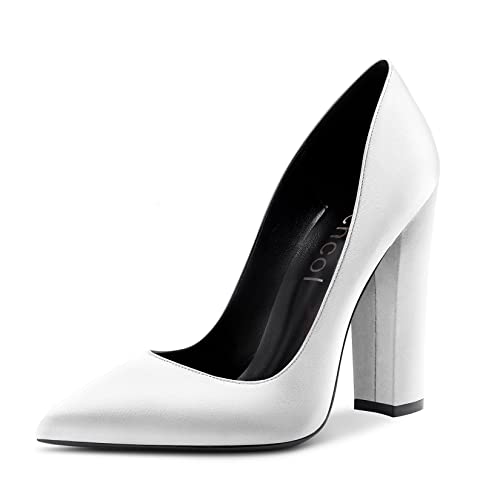 Aachcol Damen Chunky Blockabsatz Hoher High Absatz Heel Pumps Slip-on Spitze Zehenkappe Dress Schuhe Büroschuhe Party Hochzeit Satin Weiß 12 cm 41 EU von Aachcol