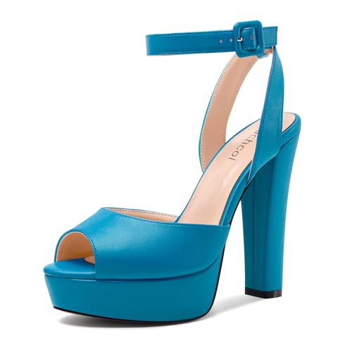 Aachcol Damen Chunky Blockabsatz Hoher High Plateau Plattform Absatz Heel Peep Open Sandalen Slingback Schnalle Abschlussball Dress Sommer 13 CM Heels Blau 38 EU von Aachcol