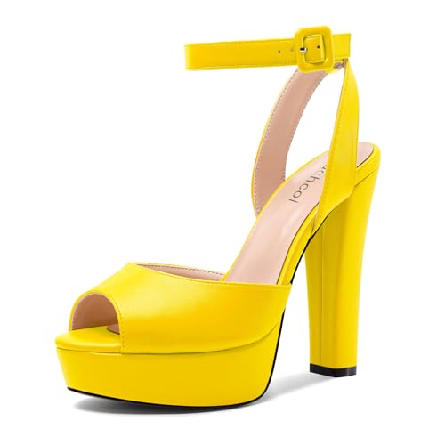 Aachcol Damen Chunky Blockabsatz Hoher High Plateau Plattform Absatz Heel Peep Open Sandalen Slingback Schnalle Abschlussball Dress Sommer 13 CM Heels Gelb 37 EU von Aachcol