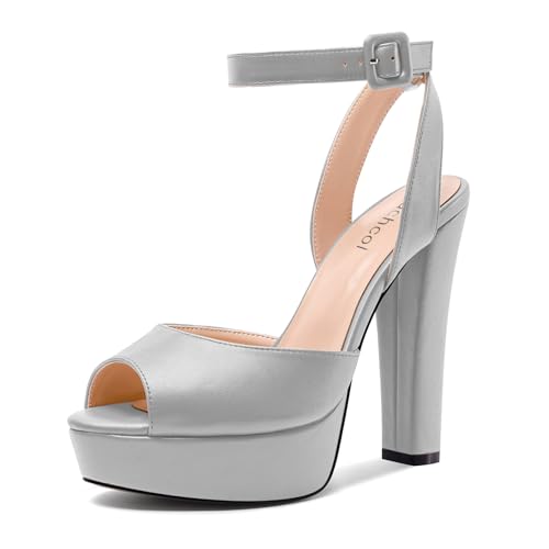 Aachcol Damen Chunky Blockabsatz Hoher High Plateau Plattform Absatz Heel Peep Open Sandalen Slingback Schnalle Abschlussball Dress Sommer 13 CM Heels Grau 42 EU von Aachcol