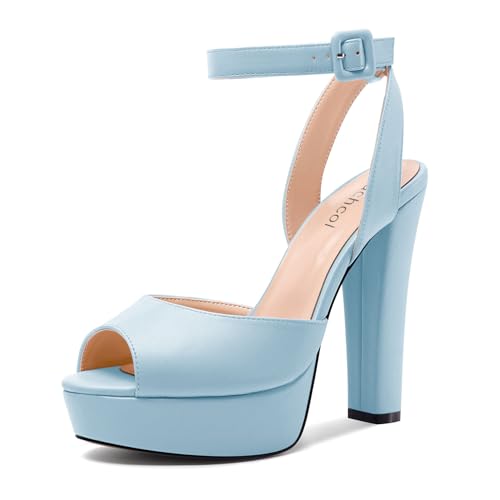 Aachcol Damen Chunky Blockabsatz Hoher High Plateau Plattform Absatz Heel Peep Open Sandalen Slingback Schnalle Abschlussball Dress Sommer 13 CM Heels Hellblau 36 EU von Aachcol