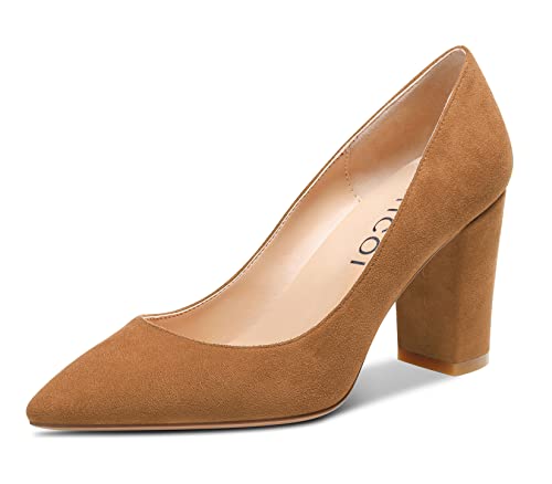 Aachcol Damen Chunky Blockabsatz Mittlerem Hoher High Absatz Heel Pumps Slip-on Spitze Zehenkappe Dress Schuhe Büroschuhe Party Hochzeit Wildleder Braun 8 cm 41 EU von Aachcol