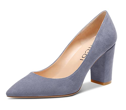 Aachcol Damen Chunky Blockabsatz Mittlerem Hoher High Absatz Heel Pumps Slip-on Spitze Zehenkappe Dress Schuhe Büroschuhe Party Hochzeit Wildleder Grau 8 cm 39 EU von Aachcol